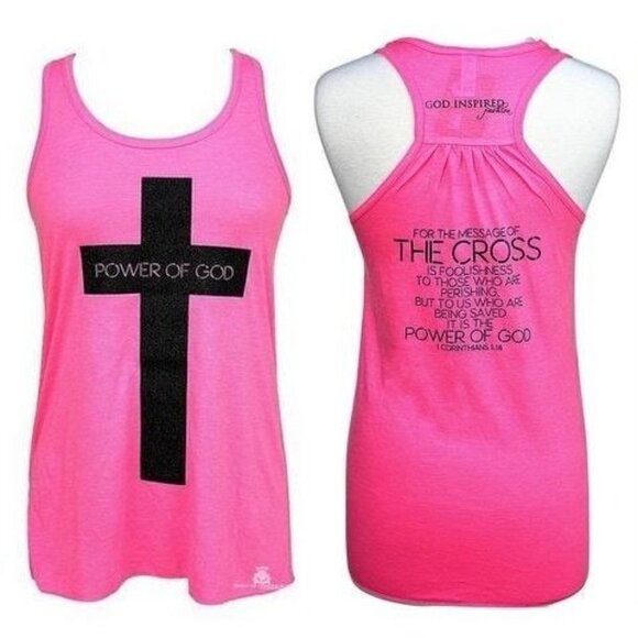 Womens Bella Pink Black Glitter Cross Power of God 1 Corinthians 1:18 Tank Top S - Picture 1 of 7
